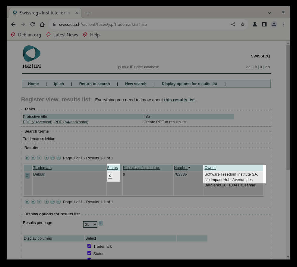 Debian, trademark, canceled, Switzerland