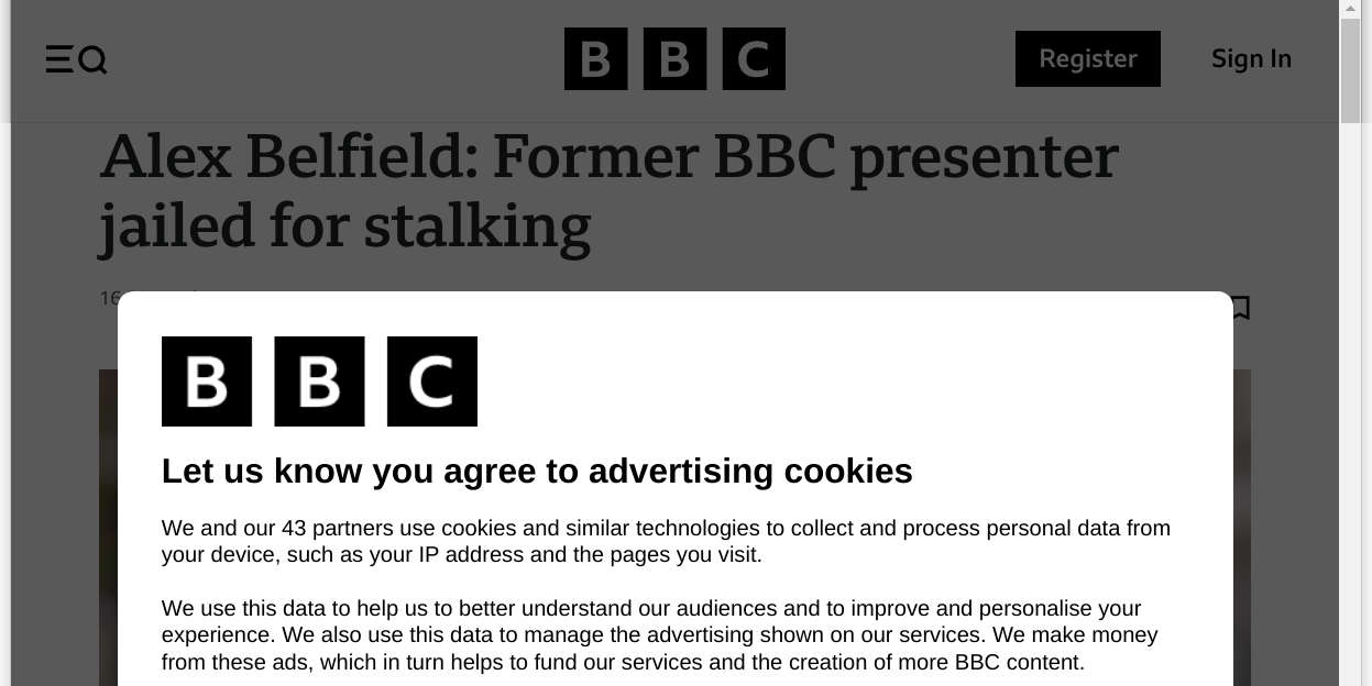 Alex Belfield, BBC, cookies, stalking