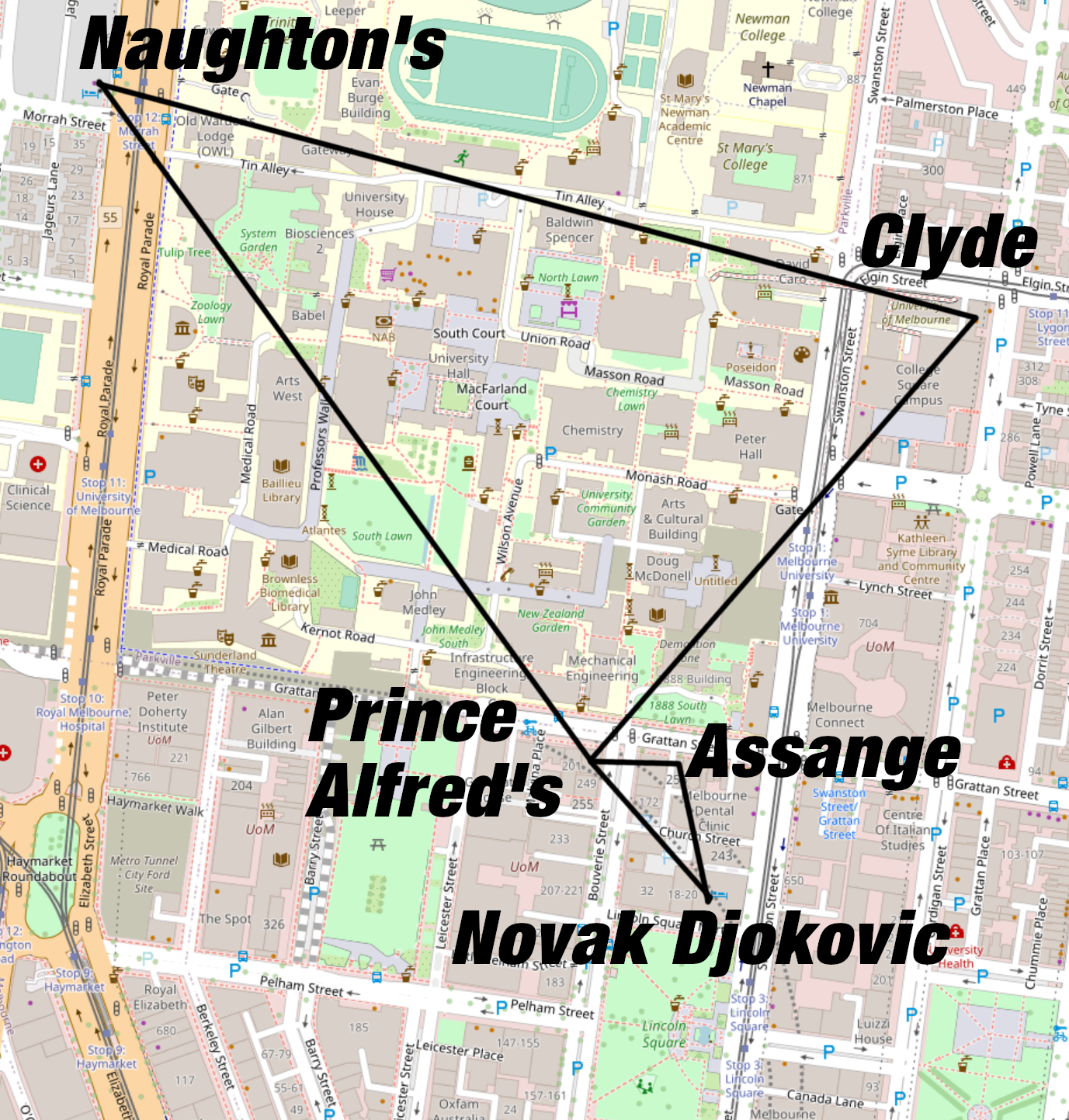 Melbourne University, Golden Triangle, Naughtons, Clyde Hotel, PA, Prince Alfred, Julian Assange, Novak Djokovic, Park Hotel, Grattan Street