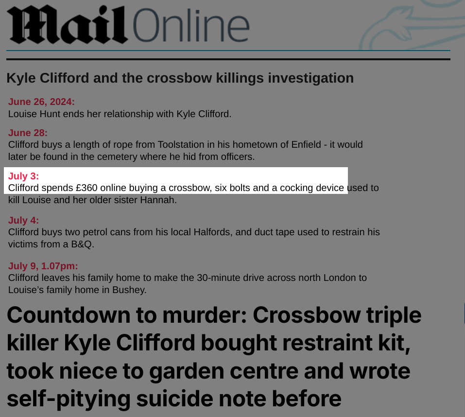 Crossbow murders, timeline, Daily Mail