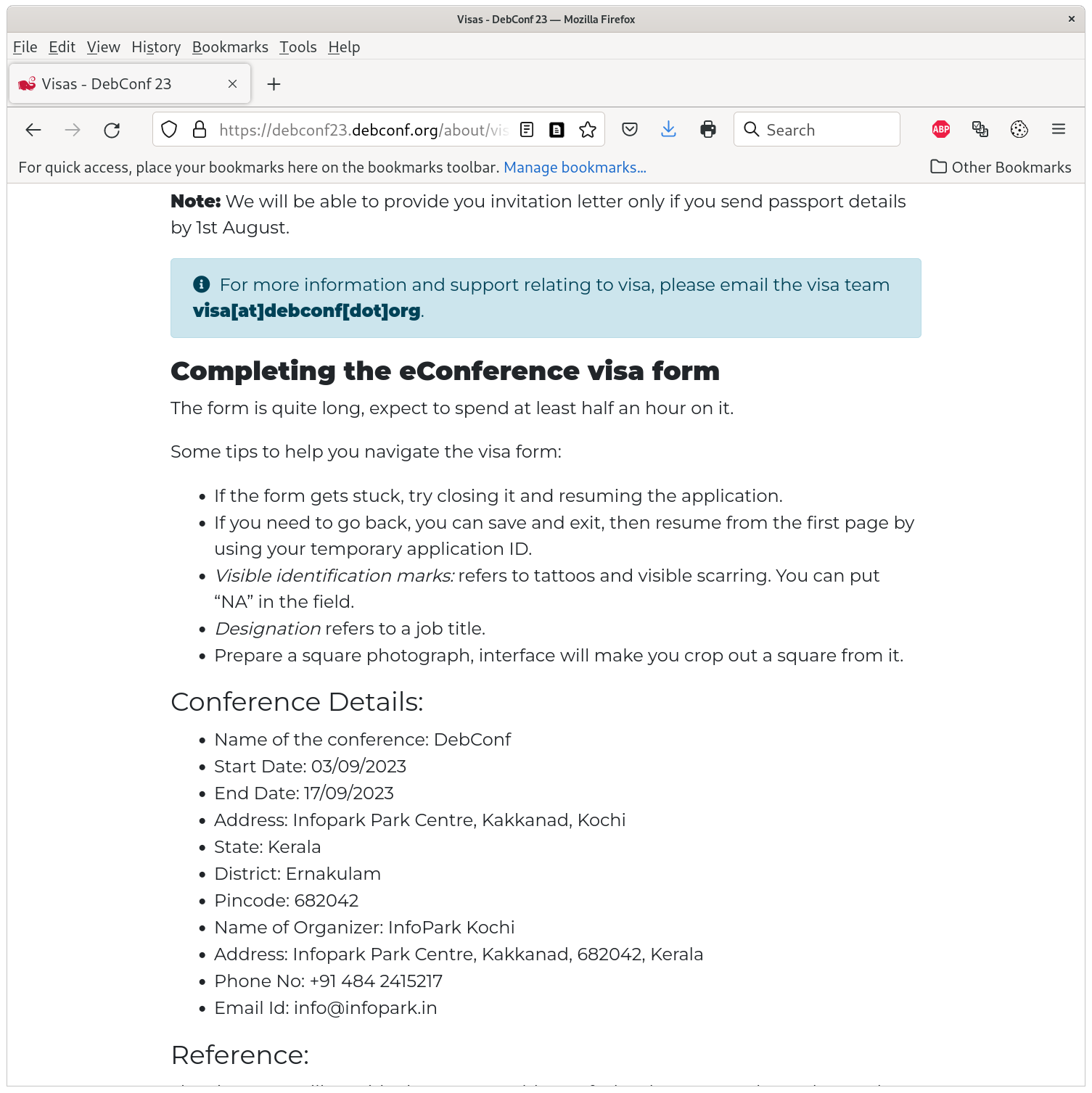 Debian, DebConf23, InfoPark Kochi, visa