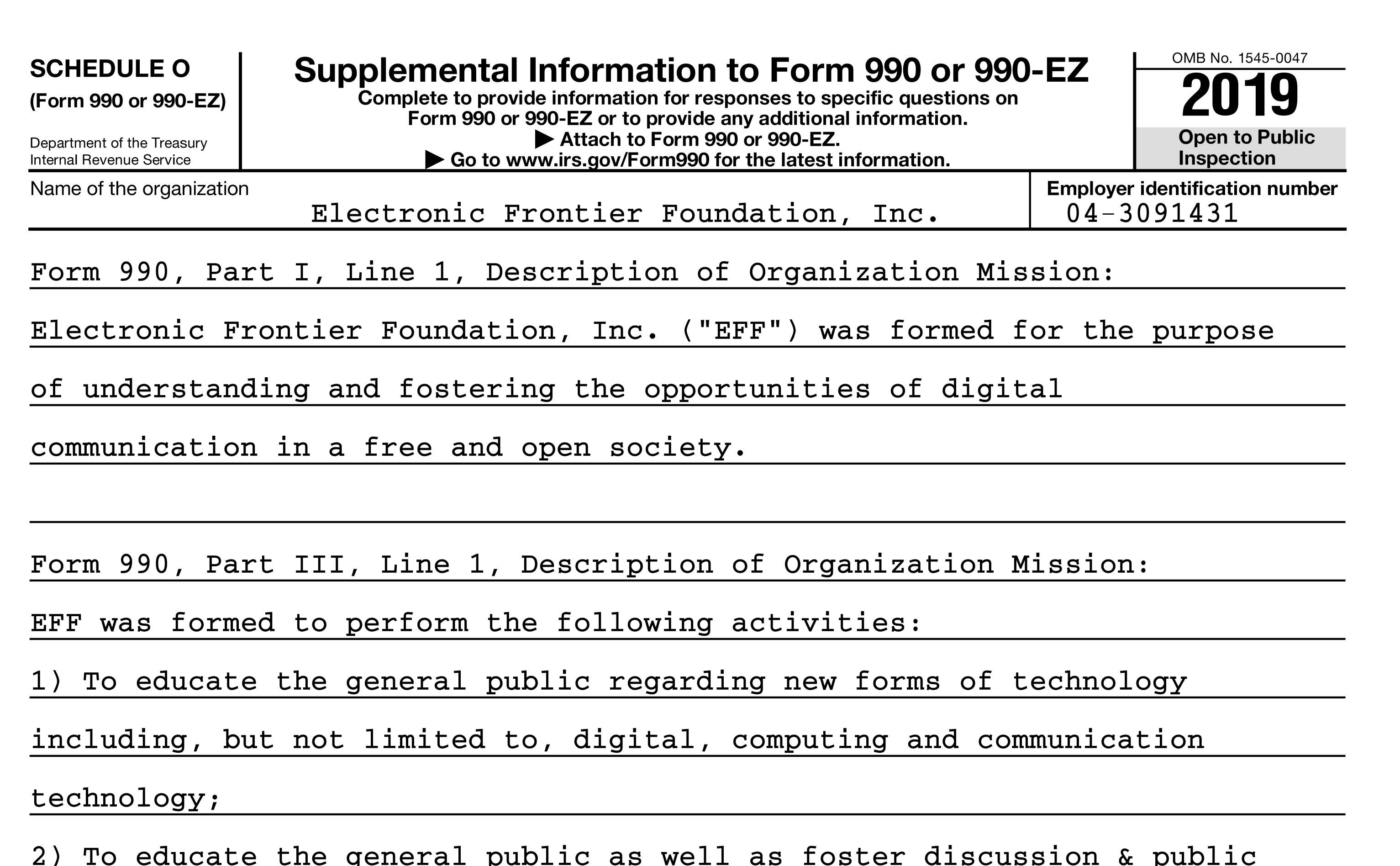 EFF, Form 990, schedule O, aims, objectives