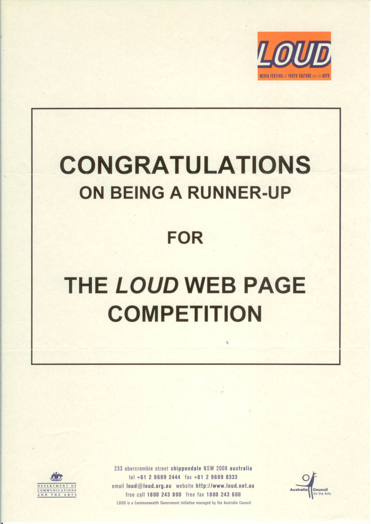 Daniel Pocock, Loud Award runner up, 1997