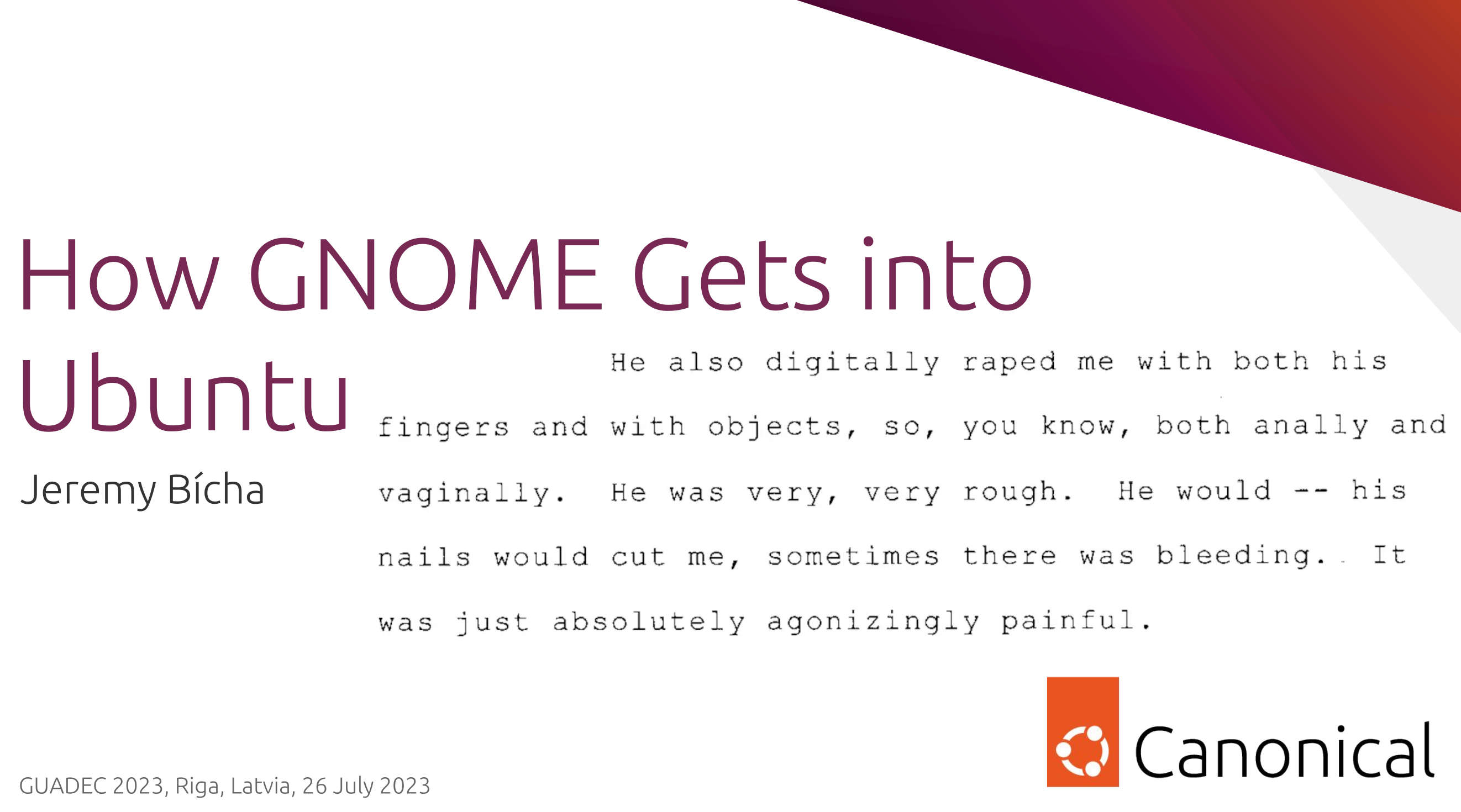 Jeremy Bicha, Jennifer Bicha, GNOME, Ubuntu, Debian, GUADEC, Code of Conduct, abuse, harassment