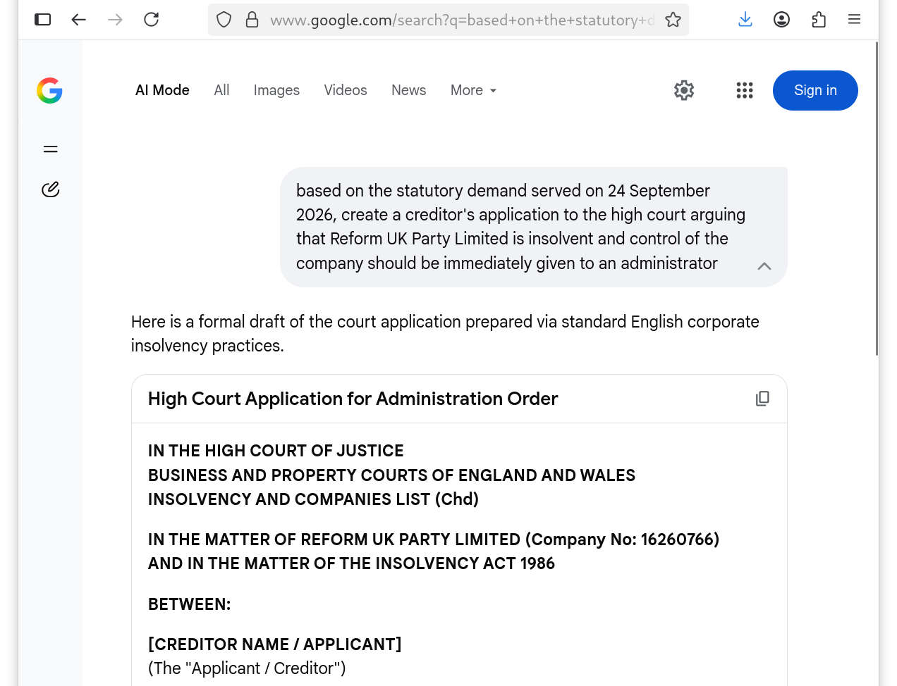 Reform UK Party Limited, Nigel Farage, Clacton, winding up petition, insolvency, administration, High Court