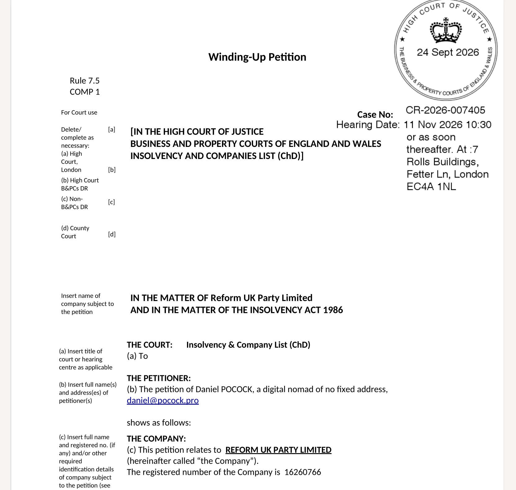 Nigel Farage, Reform UK Party Limited, High Court, Insolvency, Winding up petition