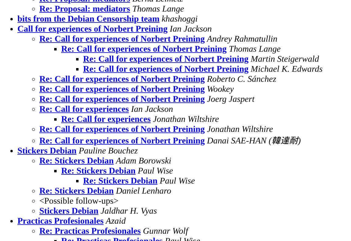 Norbert Preining, Ian Jakcson, Wookey, Joerg Jaspert, Jonathan Wiltshire, Debian